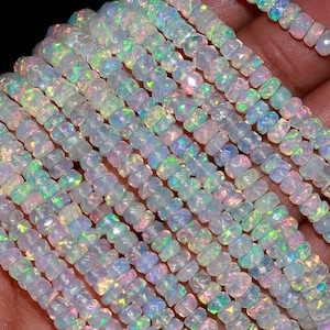 Natural Ethiopian Opal Rondelle Beads, AAA Flashy White Opal Faceted Jewelry Beads, Multi Fire Welo Opal Beads, Wholesale Beads, 4-5.5 MM