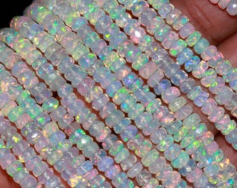 Natural Ethiopian Opal Rondelle Beads, AAA Flashy White Opal Faceted Jewelry Beads, Multi Fire Welo Opal Beads, Wholesale Beads, 4-5.5 MM