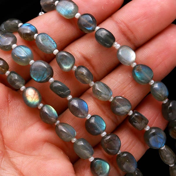 Smooth Labradorite Tumble Shape Beads, Natural Labradorite Plain Nuggets Shape Gemstone Beads, Fancy Jewelry Making Wholesale Beads, 8" Inch