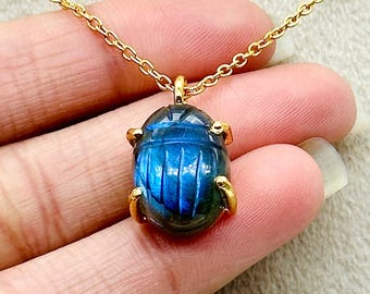 Flashy Labradorite Carved Scarab Necklace, Natural Labradorite Hand Gemstone Necklace, Sterling Silver Necklace, 16 MM Scarab, Gift For Her