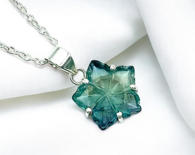 Hand Carved Green Fluorite Flower Pendant Necklace - Boho Hippie Style