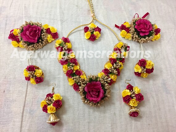 Handmade flower jewellery indian jewelry for haldi flower necklace set Indian jewelry indian jewelry mehndi flower jewelry set