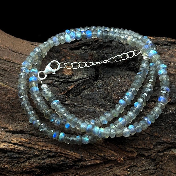 Natürliche Labradorit Feuer Perlen Halskette, Auffällige Facettierte Rondell Perlen Halskette, 3-4 MM Heilstein Halskette, Brautjungfer Geschenke