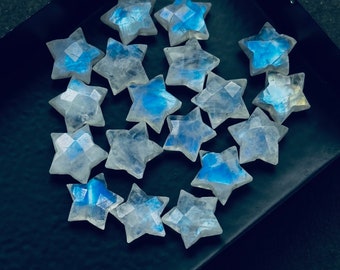 Briolettes en forma de estrella talladas a mano con destello azul de piedra lunar arco iris natural, piedra preciosa en forma de estrella tallada para joyería, briolettes en forma de estrella de 10 mm