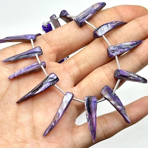 May include: A strand of purple abalone shell beads, each bead is shaped like a sharp point. The beads are strung on a silver wire.