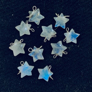 Natural Rainbow Moonstone Stars Shape Carved Gemstone Jewellery Making Charm With 925 Silver, Necklace Bracelet, Earrings Making Charms 10mm