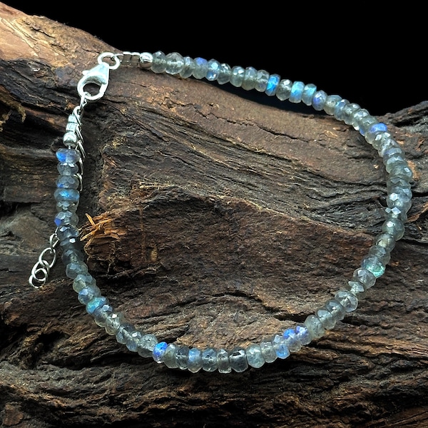 Flashy Labradorite Beaded Bracelet, Faceted Labradorite Beads Bracelet, Gemstone Silver Bracelet/Anklet, Yoga & Meditation Bracelet, 3-4 MM