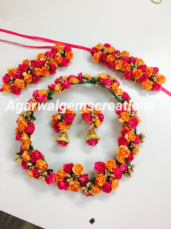 Handmade flower jewellery indian jewelry for haldi flower necklace set Indian jewelry indian jewelry mehndi flower jewelry set