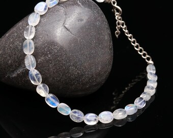 Flashy Rainbow Moonstone Oval Beads Bracelet, Smooth Oval Beads Bracelet, 6 MM Blue Flash Beads Bracelet, Emotional Balancing Stone Bracelet