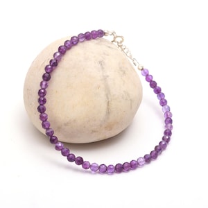 Pretty Amethyst Round Beads Bracelet, Purple Amethyst Beads Bracelet, February Birthstone Gift For Her, 4 MM, 925 Silver Bracelet For Her