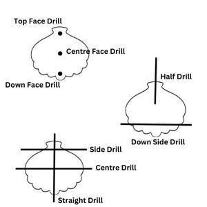 May include: Diagram showing different ways to drill a hole in a round object. The diagram shows a top face drill, down face drill, center face drill, half drill, down side drill, side drill, center drill, and straight drill.