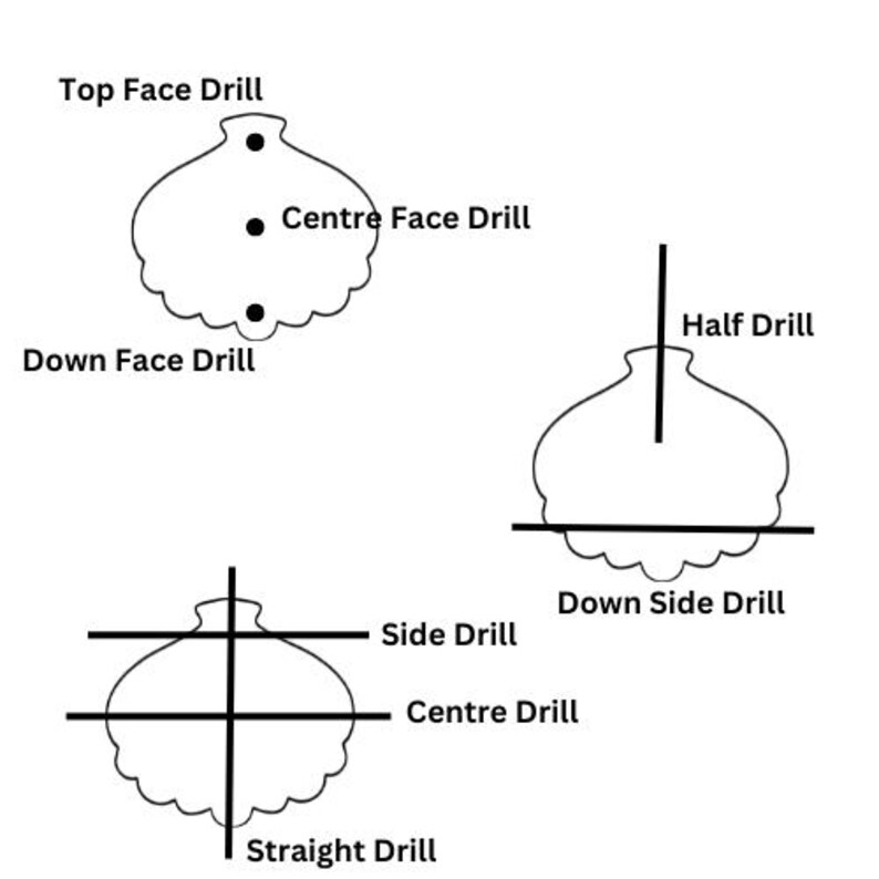 May include: Diagram showing different ways to drill a hole in a round object. The diagram shows a top face drill, down face drill, center face drill, half drill, down side drill, side drill, center drill, and straight drill.