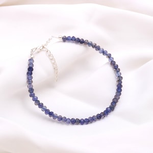 Può includere: Un delicato braccialetto con piccole pietre preziose blu scuro sfaccettate, infilate insieme. Il braccialetto ha una catena e una chiusura color argento. Le pietre preziose sono distanziate in modo uniforme, creando un design semplice ma elegante.