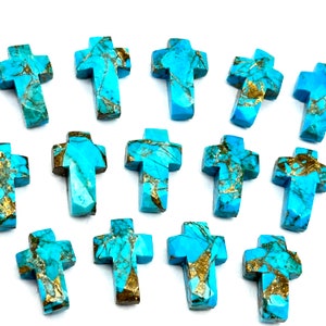 Spiritual Copper Turquoise Cross Shape Beads ~ Healing & Protection Gemstone Beads ~ Faceted Blue Turquoise Beads ~ 15 MM Cross Charm Beads