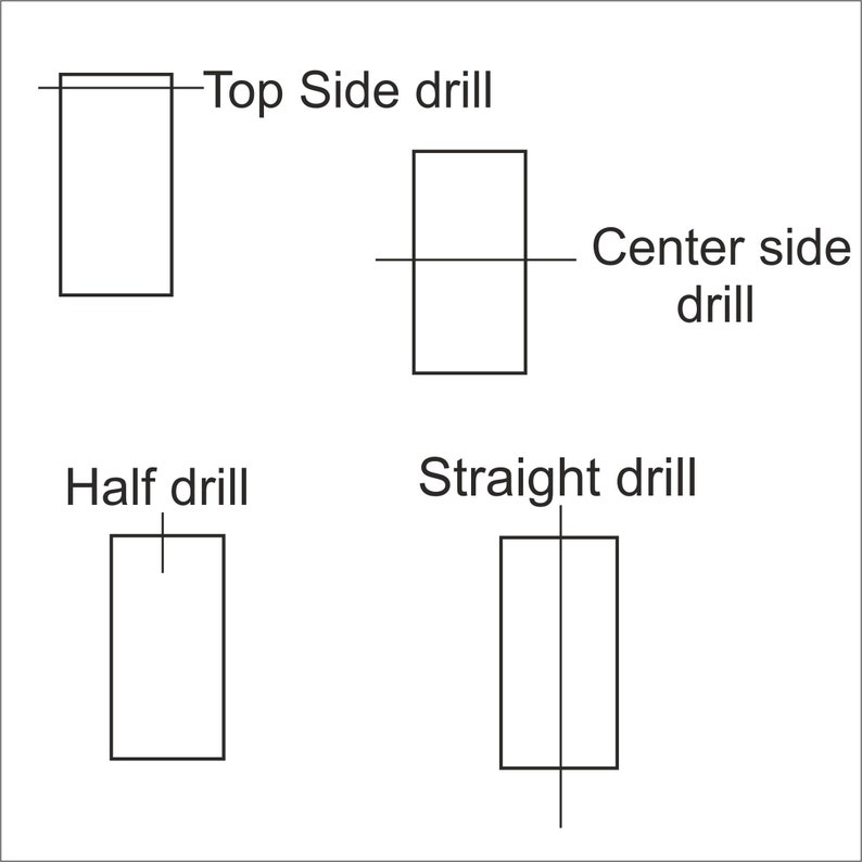 May include: Diagram showing four different types of drill holes: Top Side drill, Center side drill, Half drill, and Straight drill.