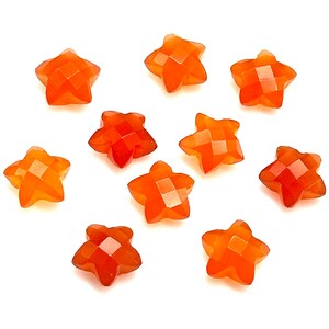 May include: Ten orange carnelian star-shaped gemstone beads. The beads are faceted and have a polished finish.