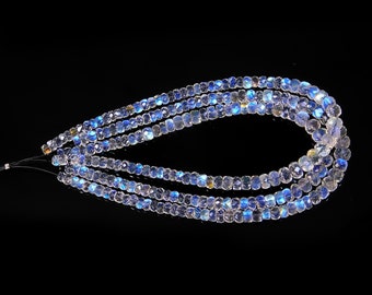 AAA+ Quality 100% Natural Rainbow Moonstone Faceted Rondelle Beads, 4” Inch Strand, Flashy Rainbow Moonstones Beads, 25-28 Pieces, 4-6 MM