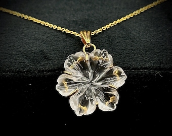 Amazing Carved Natural Crystal Flower Pendant, Goddess Energy Crystal Necklace For Her, 19 mm Crystal Quartz Flower, Birthday Gift For Women