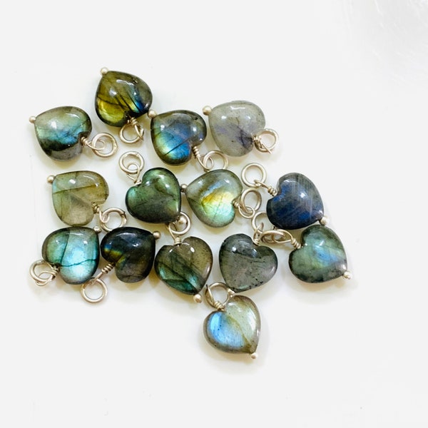 Natural Labradorite Heart Shape Carved Gemstone Jewellery Making Charm With 925 Silver, Necklace Bracelet, Earrings Making Charms 10 mm