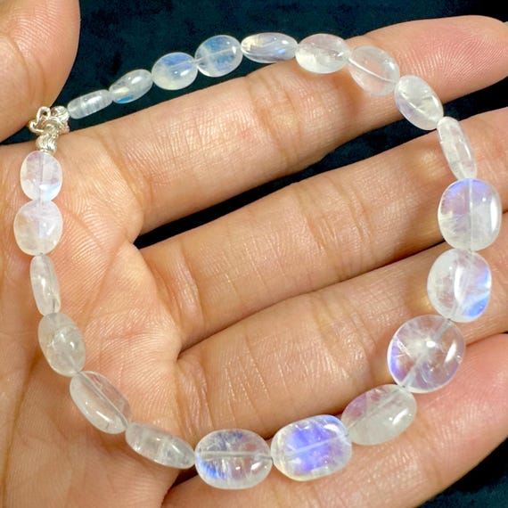 Bracciale Argento 925 Con Pietra Di Luna Naturale Fatto A Mano - Regolabile 7-8 Pollici