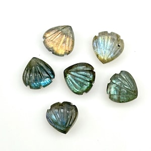 May include: Six iridescent green and gold labradorite gemstone beads carved in the shape of a seashell. The beads are faceted and have a pearlescent sheen.