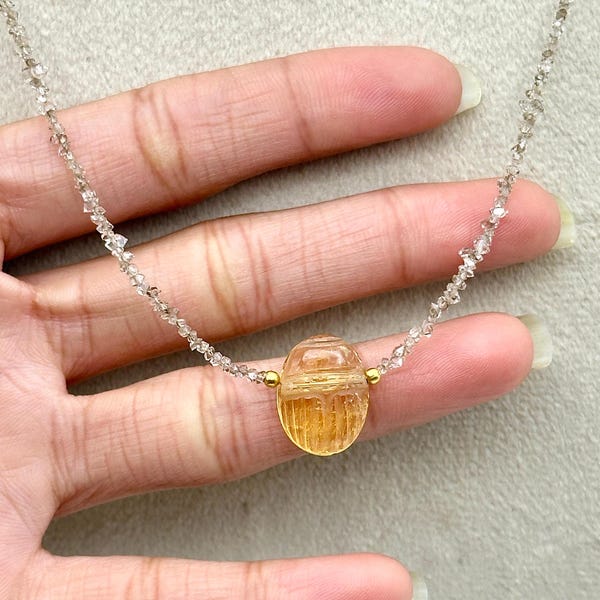 AAAA Citrine Scarab & Herkimer Diamond Beads Necklace, Natural Citrine Hand Carved Gemstone, Gift For Girls, Gift For Wife