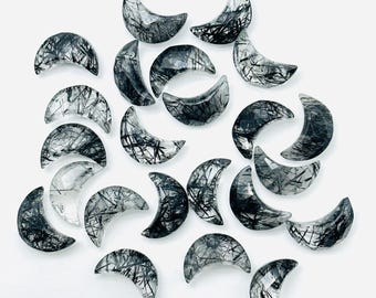 Natural Black Rutile Carved Moon Shape Beads, Hand Carved Moon Shape Gemstone Beads For Jewelry, Moon Shape Briolette's, Moon Charms 12 MM
