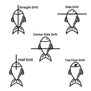 Puede incluir: Diagrama que muestra cinco formas diferentes de perforar un se&ntilde;uelo de pesca. Los m&eacute;todos est&aacute;n etiquetados como "Straight Drill", "Side Drill", "Center Side Drill", "Half Drill" y "Top Face Drill".