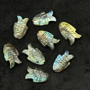 Puede incluir: Ocho tallas de peces de labradorita iridiscente, cada una con un patr&oacute;n y una variaci&oacute;n de color &uacute;nicos. Las tallas son pulidas y lisas, con detalles intrincados.