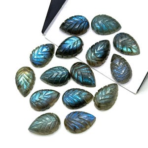 Può includere: Una collezione di 14 cabochon di labradorite blu-verde intagliati a forma di foglia.