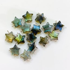 Natural Labradorite Stars Shape Carved Gemstone Jewellery Making Charm With 925 Silver, Necklace Bracelet, Earrings Making Charms 10 mm