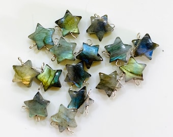 Natural Labradorite Stars Shape Carved Gemstone Jewellery Making Charm With 925 Silver, Necklace Bracelet, Earrings Making Charms 10 mm