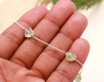 Natural Prehnite Bracelet, Green Prehnite Faceted Heart Beads Bracelet, Women's Gift Chain Bracelet, 925 Silver Jewelry, Girls Anklets