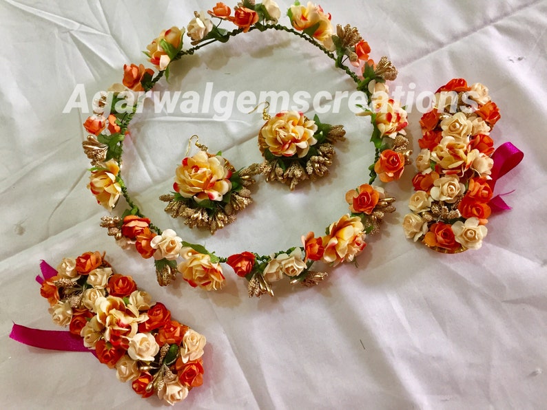 Wedding jewellery set indian jewellery for haldi flower crown set Indian jewellery indian jewellery mehndi Handmade flower jewellery