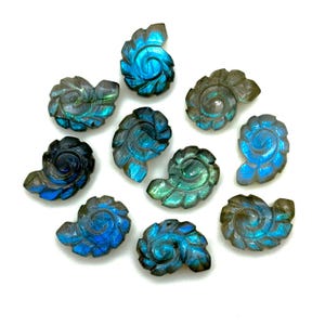 Può includere: Dieci sculture di pietre preziose in labradorite blu e verde iridescente a forma di conchiglie. Ogni conchiglia è scolpita con un motivo a spirale dettagliato.