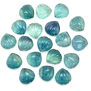 Peut inclure: Une collection de 17 cabochons de pierres précieuses bleu sarcelle et vert sculptés en forme de feuille. Les cabochons sont disposés en cercle sur un fond blanc.