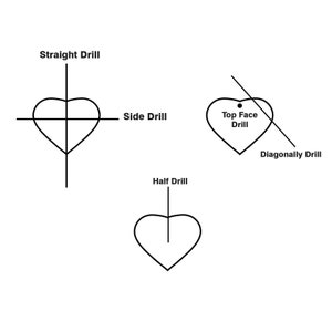 May include: Diagram of heart-shaped gemstone drilling techniques. Includes Straight Drill, Side Drill, Top Face Drill, Diagonally Drill, and Half Drill. The image is a black and white line drawing.