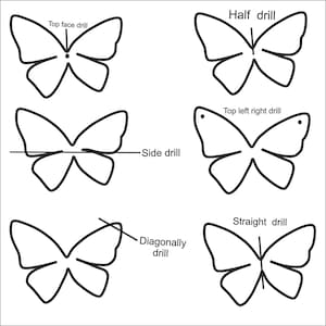 May include: Diagram showing butterfly shapes with different drilling methods. Labels include "Top face drill," "Half drill," and "Straight drill." The image is a guide to various drilling techniques for butterfly-shaped objects.
