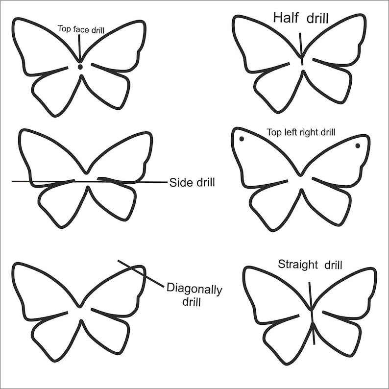 May include: Diagram showing butterfly shapes with different drilling methods. Labels include "Top face drill," "Half drill," and "Straight drill." The image is a guide to various drilling techniques for butterfly-shaped objects.