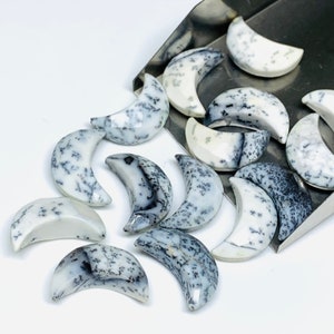 May include: A collection of crescent moon-shaped gemstones. The stones are white with intricate black dendritic patterns, resembling tiny trees or ferns. The moons are displayed on a white surface, some spilling from a metal tray.