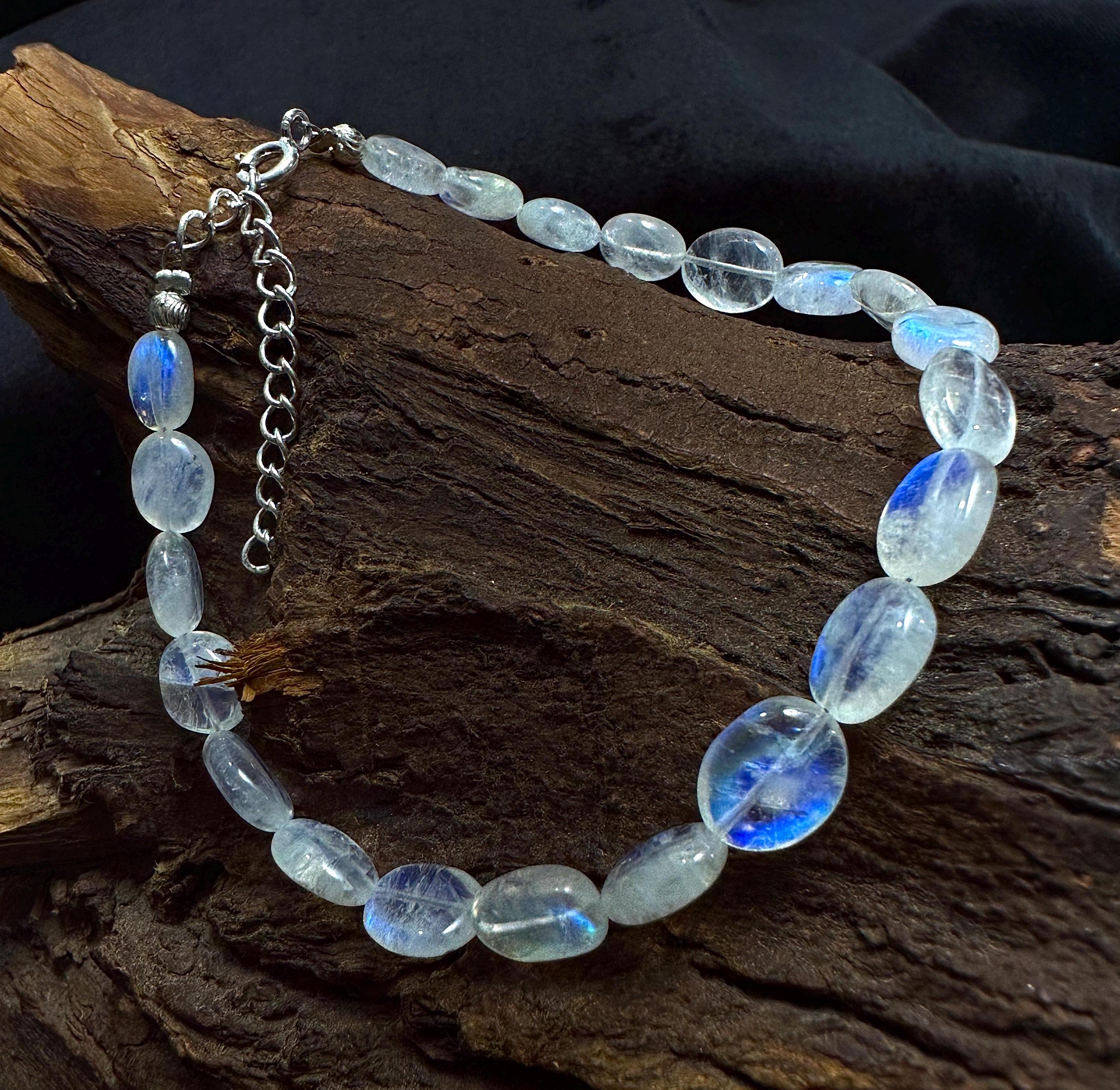 Bracciale Argento 925 Con Pietra Di Luna Naturale Fatto A Mano - Regolabile 7-8 Pollici