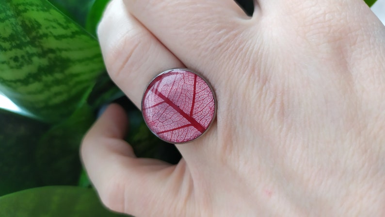 Handmade Ring Free Shipping Real Plant Ring Epoxy Resin Ring Red Leaf Ring Stainless Steel Circle Ring- Botanical Jewelry
