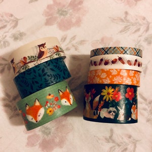 Puede incluir: Una colección de seis rollos de cinta washi con diseños de animales del bosque y de la naturaleza. Las cintas son de varios colores, incluyendo verde, naranja, marrón y blanco. Los diseños incluyen búhos, zorros, mapaches y bellotas.