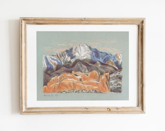 Pikes Peak pastel kunstprint | 8 x 10 | Colorado Springs-landschap, wandelen, realistische natuurkunst, bergtekening, westelijke landschapskunst aan de muur