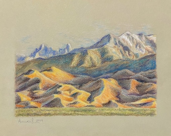 Great Sand Dunes National Park Original Pastel Drawing | 6x8 | colorado, hiking trail, outdoors, mountain scenery, western landscape art