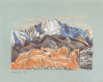 Pikes Peak Original Pastel Drawing | 6x8 | colorado springs scenery, hiking, rocky mountains drawing, 14er summit, western landscape art