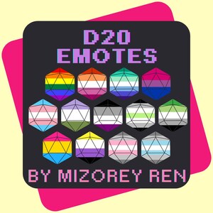 Puede incluir: Un gráfico digital titulado D20 EMOTES BY MIZOREY REN que presenta trece iconos de dados de 20 caras. Cada dado muestra un patrón de bandera de orgullo diferente en varios colores, incluyendo rayas de arcoíris, rosa, azul, morado, verde, blanco, gris y negro.