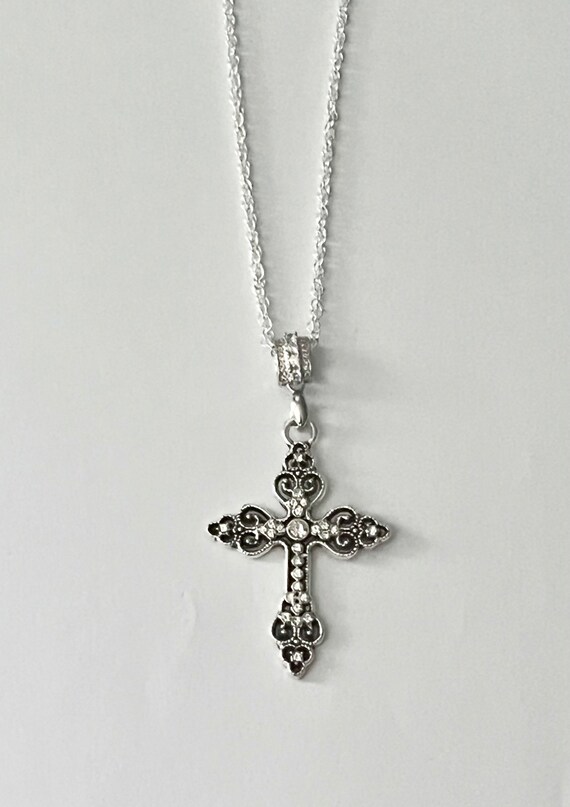 Silver and Rhinestone Ornate Cross Necklace - Etsy