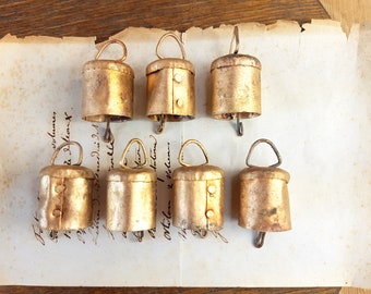 7 Brass Bells, Gold, Bronze, Cow Bells, Cattle bell, Garden decor, wind chime, bells on string, Christmas decor, Vintage Bell, India, rustic