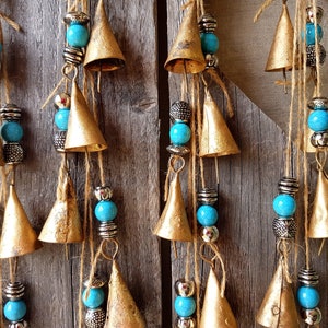 Bells on string with silver and turquoise, Rustic Windchime, Farmhouse Door Hanger, Vintage Cow Bell, Boho, Ethnic, feng shui wall hanging